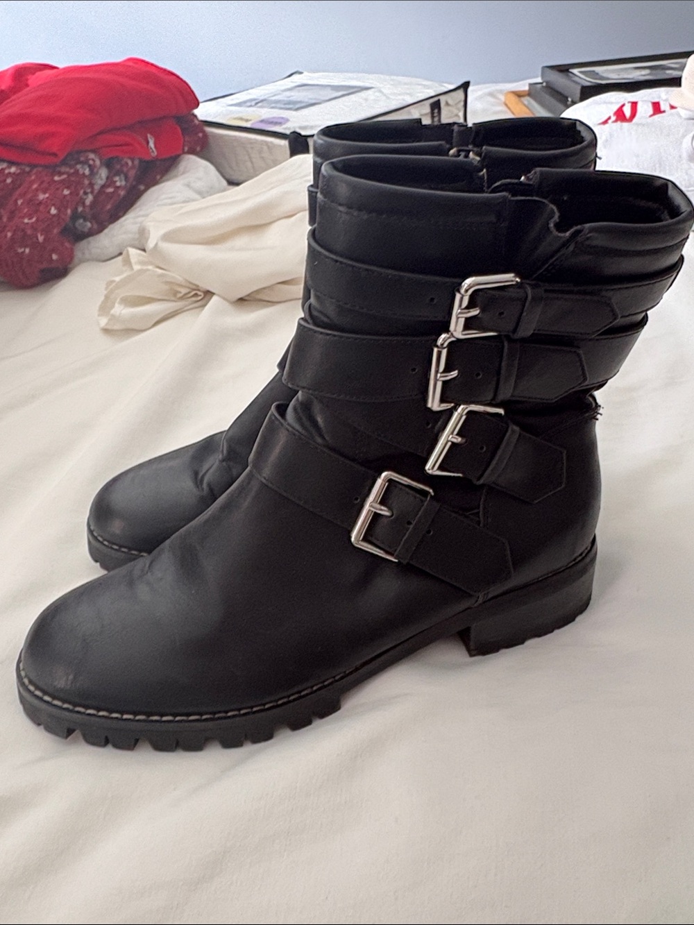 Design Lab Black Buckle Strap Women's Moto Boots